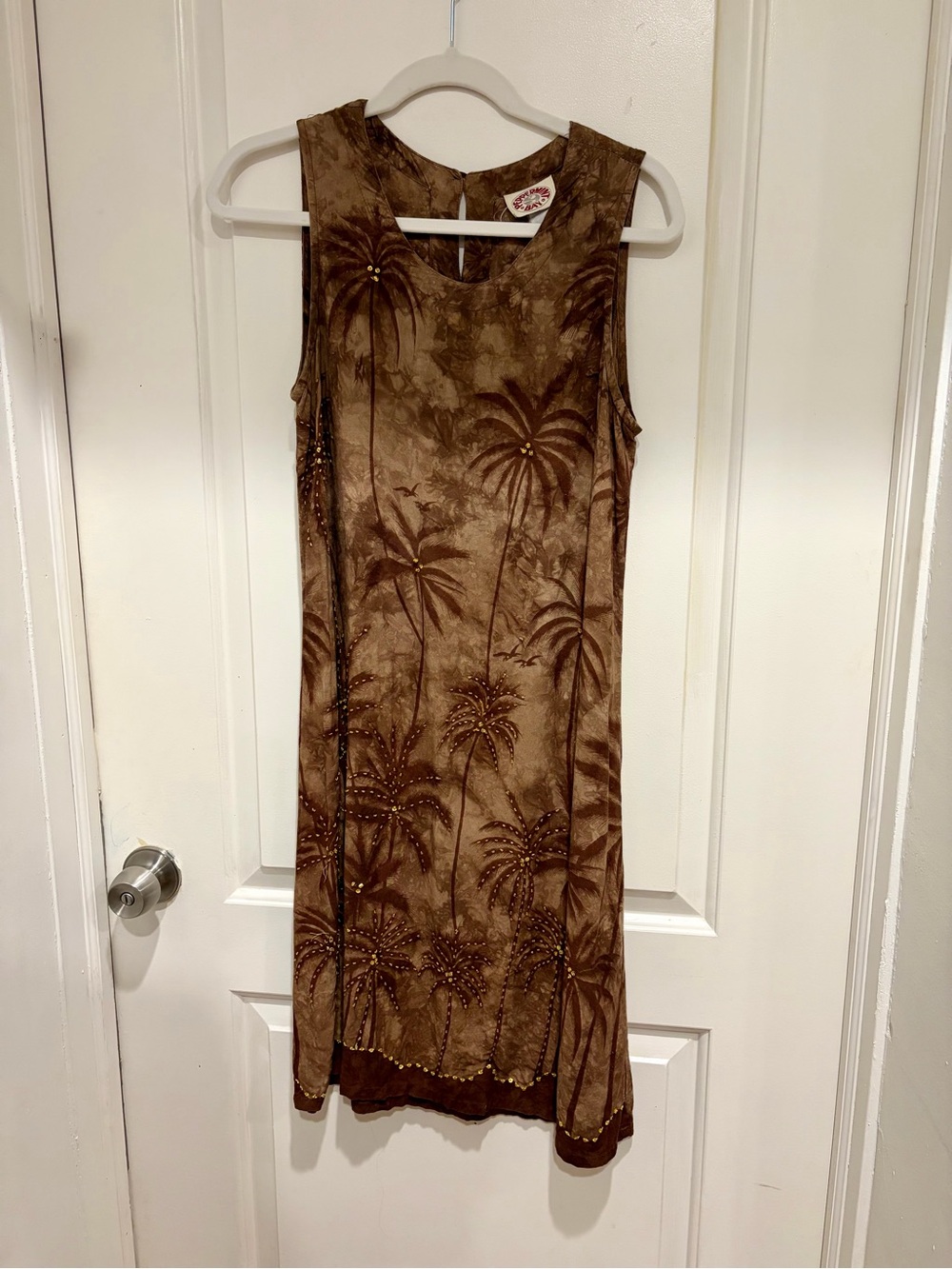 Vintage brown beaded palm tree print dress from Peppermint Bay